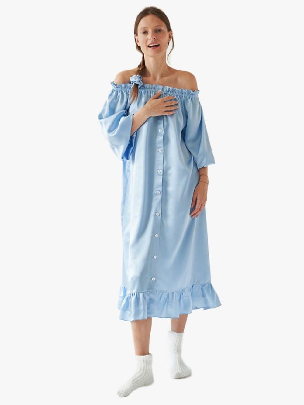 Sleeper Maria Blue Silk Loungewear Dress NWOT Button Down Oversized Ruffle Chic - Picture 1 of 9